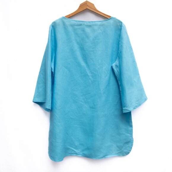 Talbots Linen Boho Tunic Top Popover L Turquoise Beaded Casual Coastal Kaftan - Picture 5 of 8